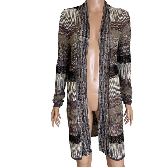 Chico’s cardigan Brown & Gold Cable Knit Cardigan open front below the knee - Picture 3 of 9